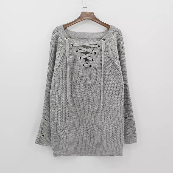 Grey Lace Up Oversized Knit Sweater - Picture 2 of 8